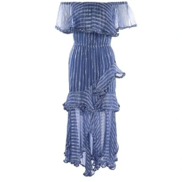 Misa Los Angeles Dress Blue Gold Medium Ambrosia Ruffle Hem Boho Festival NEW - Picture 11 of 16